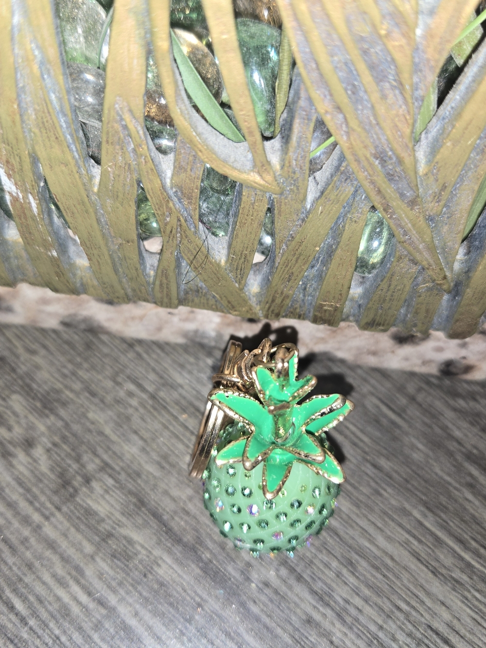 Gold-Tone Green Pineapple Pendant Keychain